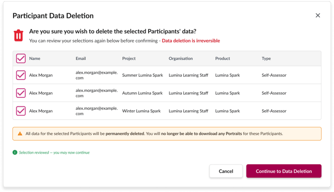 A screenshot showing the selection confirmation step including warning messages that data deletion is irreversible 