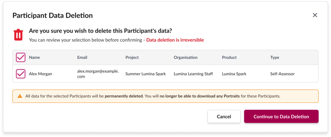 A screenshot showing the selection confirmation step including warning messages that data deletion is irreversible 