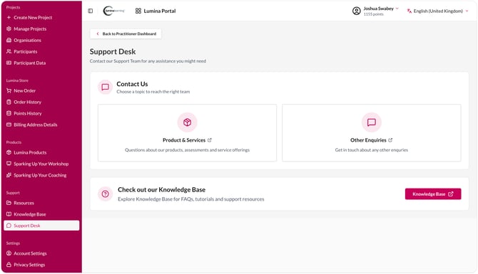 A screenshot image showing the updated Support Desk page