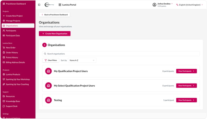 A screenshot image showing the updated Organisations page