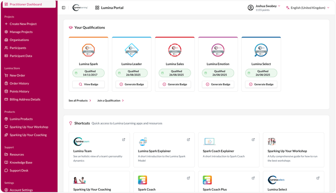 A screenshot image showing the new practitioner dashboard, scrolled down to view the Your Qualifications and Shortcuts sections