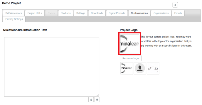customisations tab project logo selection