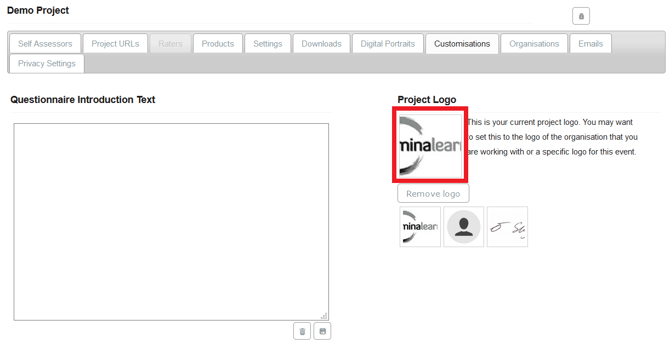 customisations tab project logo selection